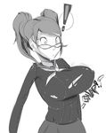  ! 1girl blush breast_expansion breasts bursting_breasts earrings glasses huge_breasts kujikawa_rise monochrome persona persona_4 surprised twintails 
