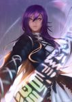  artist_name black_cape brown_hair buckle cape closed_mouth collar cowboy_shot cross-laced_clothes dress foreshortening gradient_hair hair_between_eyes highres hijiri_byakuren lips long_hair long_sleeves looking_at_viewer magic multicolored_hair orange_eyes outstretched_arm purple_hair raikoart rain signature smile solo sorcerer's_sutra_scroll standing touhou very_long_hair water white_dress 