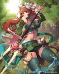  breasts copyright_name large_breasts long_hair midriff navel newey polearm red_eyes red_hair solo spear tenkuu_no_crystalia tree water weapon 