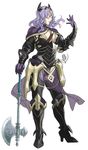 armor armored_boots axe black_armor boots camilla_(fire_emblem_if) cleavage_cutout fire_emblem fire_emblem_if full_body genderswap genderswap_(ftm) gloves high_heels highres holding holding_weapon john_dimayuga long_hair looking_to_the_side male_focus purple_gloves purple_hair simple_background smile solo weapon white_background 