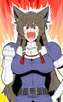  animal_ears ashigara_(kantai_collection) atee_(ate_robo521) bangs belt breasts brown_eyes brown_hair clenched_hands commentary_request elbow_gloves fangs gloves hairband hand_on_hip hand_up kantai_collection large_breasts long_hair open_mouth solo wolf_ears wolf_girl 