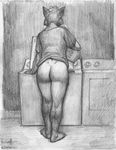  2015 anthro bottomless butt canine clothed clothing female fox greyscale laundry mammal meesh monochrome rear_view solo standing 