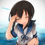  :d ^_^ black_hair character_name closed_eyes fubuki_(kantai_collection) kamiyoshi_rika kantai_collection long_hair open_mouth school_uniform serafuku short_ponytail sidelocks smile solo wet wet_clothes 