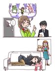  2koma 4girls black_hair blonde_hair blush braid brown_hair comic executive_mishiro formal futaba_anzu idolmaster idolmaster_cinderella_girls idolmaster_cinderella_girls_starlight_stage ikari_don long_hair moroboshi_kirari multiple_girls necktie open_mouth pantyhose pillow pina_korata ponytail producer_(idolmaster_cinderella_girls_anime) senkawa_chihiro single_braid smile stuffed_animal stuffed_bunny stuffed_toy 