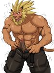  abs anthro blush clothed clothing colored digimon erection feline leomon lion looking_at_viewer male mammal muscular open_pants pants_being_undone pecs penis precum pubes simple_background undressing white6000 white_background 