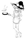  apron barefoot bow braid crossed_legs flipping_food food frying_pan full_body greyscale hair_bow hair_ribbon hand_on_hip hat kirisame_marisa long_hair monochrome naked_apron natsume_(menthol) pancake ribbon single_braid smoke solo standing touhou tress_ribbon witch_hat 