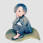  asymmetrical_bangs bangs black_hair chibi gradient_hair grey_background grey_eyes hand_on_leg hand_on_own_face hirasawa_susumu jacket kiri_futoshi looking_away male_focus multicolored_hair p-model pants signature simple_background sitting sleeves_past_wrists slippers solo 