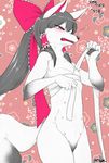  animal_ears animalization black_hair blush bow extra_nipples flat_chest fox_ears fox_tail furry hair_bow hair_tubes hakurei_reimu long_hair nipples nude ponytail red_eyes sarashi snout solo tail touhou undone_sarashi yukaran_nosuke 