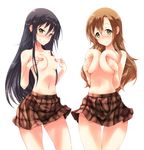  :&lt; amakusa_shino black_hair blush breast_squeeze breasts brown_eyes brown_hair brown_skirt character_request closed_mouth collarbone covering covering_breasts covering_nipples cowboy_shot fuyube_rion hair_between_eyes highres large_breasts long_hair looking_at_viewer multiple_girls navel nose_blush plaid plaid_skirt revision seitokai_yakuindomo shichijou_aria simple_background skirt standing stomach tareme thigh_gap topless tsurime v-shaped_eyebrows very_long_hair white_background 