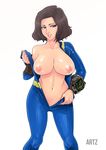  artz bodysuit breasts brown_eyes brown_hair fallout fallout_4 female large_breasts navel nipples off_shoulder pipboy shiny shiny_skin short_hair simple_background smile solo undressing white_background 