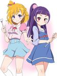  asahina_mirai bangs blonde_hair blue_shorts blunt_bangs blush dress hair_ornament high_ponytail izayoi_liko kneehighs konboi-eg looking_at_viewer mahou_girls_precure! multiple_girls precure purple_eyes purple_hair shorts skirt smile socks wand 