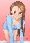  artist_name bad_id bad_pixiv_id breasts brown_hair cleavage downblouse earrings hairband idolmaster idolmaster_(classic) jewelry long_hair looking_at_viewer minase_iori red_eyes ribbon simple_background small_breasts solo yoshiwa_tomo 