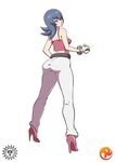  ass bad_deviantart_id bad_id belt black_hair bracelet breasts covered_nipples crop_top from_behind full_body gym_leader high_heels highres jewelry long_legs looking_back maniacpaint medium_breasts natsume_(pokemon) poke_ball pokemon pokemon_(game) pokemon_hgss purple_eyes short_hair solo spaghetti_strap white_background 