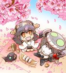  2girls :d ^_^ bare_shoulders black_hair blush cherry_blossoms chibi closed_eyes cup detached_sleeves flask food from_above green_eyes grey_hair hanami haruna_(kantai_collection) hat headgear hisahiko i-class_destroyer kantai_collection long_hair looking_up multiple_girls nontraditional_miko onigiri open_mouth orange_eyes outdoors petals picnic pillow pillow_hug ribbon shinkaisei-kan sitting smile spring_(season) star star-shaped_pupils symbol-shaped_pupils tentacles wide_sleeves wo-class_aircraft_carrier yunomi 
