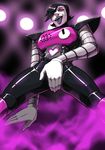  cowboy_shot crotch_grab from_below hair_over_one_eye highres legs_apart mettaton mettaton_ex robot stage_lights tongue tongue_out undertale yondamoegi 