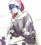  asakura_noi blue_hair capelet doremy_sweet dress fur_trim hands_together hat lips looking_at_viewer nightcap polka_dot pom_pom_(clothes) purple_eyes short_hair sitting sketch solo touhou white_background 
