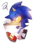  annoyed anthro black_nose clothing desk footwear gloves green_eyes hedgehog male mammal simple_background sitting solo sonic_(series) sonic_the_hedgehog バイトン 