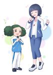  bad_id bad_pixiv_id bangs beamed_sixteenth_notes black_eyes blue_hair blush closed_eyes earth_eleven eighth_note full_body green_hair height_difference inazuma_eleven_(series) inazuma_eleven_go inazuma_eleven_go_galaxy jacket microphone morimura_konoha multiple_girls music musical_note open_clothes open_jacket open_mouth pants quarter_note short_hair simple_background singing sorano_aoi standing t_(toddy_t) track_jacket track_pants whistle white_background 