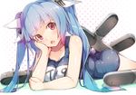 ass bad_id bad_nicoseiga_id bare_shoulders blue_hair breasts hair_ribbon hand_on_own_cheek head_rest i-19_(kantai_collection) kantai_collection large_breasts long_hair looking_at_viewer lying meth_(emethmeth) name_tag on_stomach one-piece_swimsuit open_mouth red_eyes ribbon school_swimsuit solo swimsuit teeth torpedo twintails 