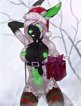  anthro areola armpits breasts christmas clothed clothing collar female hair hat holidays kangaroo legwear looking_at_viewer mammal marsupial navel nipples outside pussy santa_hat smile snow solo thigh_highs unistaart white_hair 