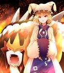  :o animal_hat arano_oki bangs blonde_hair brooch cowboy_shot creature dress embers entei expressionless eyebrows fangs fire flame fox_tail frills fur gem gen_2_pokemon hands_in_opposite_sleeves hat head_tilt jewelry long_sleeves looking_at_viewer mob_cap multiple_tails ofuda open_mouth own_hands_together parted_lips pillow_hat pokemon pokemon_(creature) red_eyes ruby_(stone) short_hair standing tabard tail tassel teeth touhou tsurime white_dress wide_sleeves yakumo_ran 