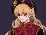  asakura_noi blonde_hair chinese_clothes closed_mouth hat junko_(touhou) lips long_hair looking_at_viewer portrait purple_background red_eyes sketch smile solo tassel touhou 