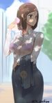  bad_id bad_pixiv_id bags_under_eyes bra brown_eyes brown_hair dappled_sunlight fanning_face hair_ornament hairclip handkerchief hot jacket jacket_removed office_lady original purple_bra see-through short_hair solo sunlight sweat underwear wet wet_clothes yoshiwa_tomo 