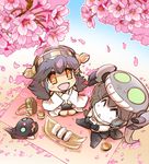  2girls :d ^_^ bare_shoulders black_hair blush cherry_blossoms chibi closed_eyes cup day detached_sleeves flask food from_above green_eyes grey_hair hanami haruna_(kantai_collection) hat headgear hisahiko i-class_destroyer kantai_collection long_hair looking_up md5_mismatch multiple_girls nontraditional_miko onigiri open_mouth orange_eyes outdoors petals picnic pillow pillow_hug ribbon shinkaisei-kan sitting smile spring_(season) star star-shaped_pupils symbol-shaped_pupils tentacles wide_sleeves wo-class_aircraft_carrier yunomi 