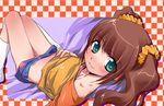  blush brown_hair green_eyes idolmaster idolmaster_(classic) idolmaster_1 kantaka kneehighs lying raglan_sleeves smile socks solo takatsuki_yayoi twintails 