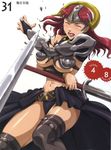  armor breast_squeeze breasts claudette_(queen's_blade) cleavage helmet highres large_breasts nigou open_mouth pov queen's_blade red_hair solo sword thighhighs torn_clothes weapon 