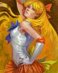  aino_minako back_bow bishoujo_senshi_sailor_moon blonde_hair blue_eyes bow brown_background elbow_gloves gloves hair_bow half_updo k-bose long_hair magical_girl orange_sailor_collar orange_skirt realistic red_bow sailor_collar sailor_senshi_uniform sailor_venus skirt solo very_long_hair white_gloves 