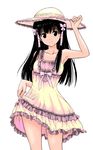  artist_request black_eyes black_hair colorized dress hat highres long_hair murasame_oshizu ribbon skirt skirt_lift solo sundress to_love-ru 