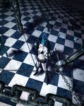  belt bikini_top black_hair black_rock_shooter black_rock_shooter_(character) breasts cannon chain checkered checkered_floor cleavage highres long_hair medium_breasts signature sketch solo sword tri-hlm twintails weapon 