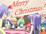  &gt;_&lt; 6+girls ahoge antlers black_hair blonde_hair blue_eyes blue_hair blush cake christmas closed_eyes food glasses green_eyes green_hair hat hiiragi_kagami hiiragi_tsukasa hujikok iwasaki_minami izumi_konata kobayakawa_yutaka long_hair lucky_star multiple_girls party_hat patricia_martin pink_hair purple_hair reindeer_antlers santa_hat short_hair takara_miyuki tamura_hiyori 