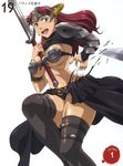  armor between_breasts blush breast_squeeze breasts bridal_gauntlets claudette_(queen's_blade) cleavage gloves green_eyes helmet highres large_breasts lightning nigou open_mouth pov queen's_blade red_hair solo sword tearing_clothes thighhighs torn_clothes weapon 