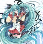  aqua_eyes aqua_hair hair_ribbon hatsune_miku highres long_hair ribbon school_uniform skirt solo striped striped_legwear thighhighs twintails very_long_hair vocaloid xephonia zettai_ryouiki 