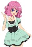  artist_request bow colorized dress highres jewelry momo_velia_deviluke open_mouth pendant pink_hair pointing purple_eyes short_hair simple_background smile solo to_love-ru twintails 