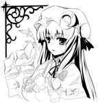  book flower gochou_(atemonai_heya) greyscale hat long_hair lowres monochrome patchouli_knowledge ribbon solo touhou 