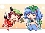  :3 animal_ears backpack bad_id bad_pixiv_id bag blue_hair brown_hair cat_ears cat_tail chen chibi earrings hair_bobbles hair_ornament hat jewelry kawashiro_nitori lowres multiple_girls tail touhou two_side_up zipang_(zip@ng_works) 