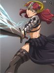  armor breasts claudette_(queen's_blade) gloves green_eyes helmet highres large_breasts lightning nigou open_mouth queen's_blade red_hair solo sword thighhighs weapon 