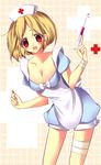  :3 apron bad_id bad_pixiv_id bandages blonde_hair blush bow breasts cleavage drugs hat highres large_breasts leaning_forward nurse nurse_cap open_mouth original pill red_eyes short_hair solo syringe yugaa 