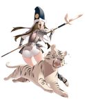  absurdres armor ass bad_id bad_pixiv_id brown_eyes brown_hair copyright_request highres long_hair looking_back polearm solo spear tensugi_takashi tiger weapon white_tiger 