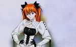  artbook blue_eyes corset cross earrings fukano_youichi gloves gothic gothic_lolita hands_on_hips highres jewelry lolita_fashion long_hair necklace neon_genesis_evangelion orange_hair solo souryuu_asuka_langley two_side_up wallpaper widescreen 