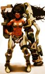  abs bikini_top black_hair cyborg hand_on_hip long_hair mecha_musume muscle muscular_female original solo tomioka_jirou wind 