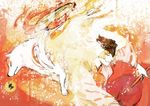  amaterasu animal bad_id bad_pixiv_id flute instrument issun koku_666 ookami_(game) ushiwakamaru white_hair wolf 