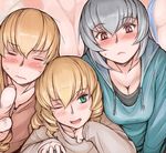  blonde_hair blush breasts casual cleavage embarrassed hina_ichigo large_breasts multiple_girls older one_eye_closed rozen_maiden shinku silver_hair suigintou sweat tsuda_nanafushi 