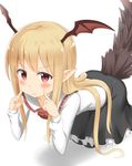  absurdres black_skirt blonde_hair blush fang granblue_fantasy head_wings highres long_hair looking_at_viewer nedia_(nedia_region) pointy_ears red_eyes shingeki_no_bahamut simple_background skirt solo tail vampy white_background 