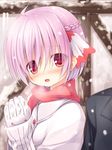  ahoge braid coat cyclamen_(flower_knight_girl) flower_knight_girl gloves hair_ribbon half_updo looking_at_viewer pink_hair red_eyes red_scarf ribbon scarf short_hair snow solo_focus upper_body white_gloves winter yuku_(kiollion) 