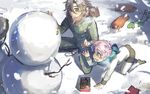  akita_toushirou all_fours aqua_eyes bayashiko brown_eyes brown_hair male_focus multiple_boys open_mouth otegine outdoors pink_hair scarf snow snowman squatting touken_ranbu 