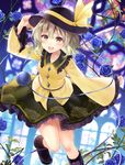 blue_flower blue_rose floral_print flower fukahire_(ruinon) grey_eyes hat hat_ribbon komeiji_koishi long_sleeves looking_at_viewer open_mouth plant ribbon rose shirt silver_hair skirt smile solo stained_glass third_eye touhou vines wide_sleeves 